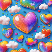 a blue background with hearts and clouds on it