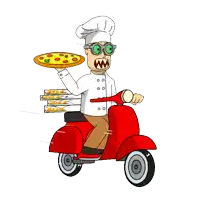a cartoon of a chef riding a scooter with a pizza in his hand