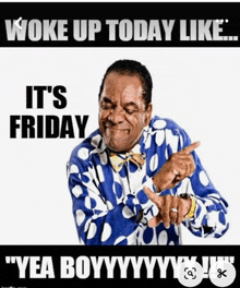 a man in a blue and white polka dot shirt is pointing at the words " woke up today like "