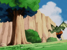 a cartoon drawing of a monster with wings and a tree in the background
