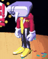 a pixel art of a cartoon character with a purple head