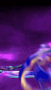 a computer generated image of a person flying through a purple space