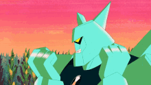 a cartoon character is standing in a field with trees in the background
