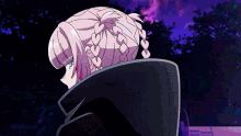 a girl with a braided ponytail and a black jacket
