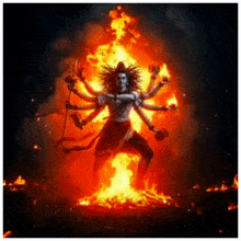 a painting of a man standing in front of a fire with many hands .