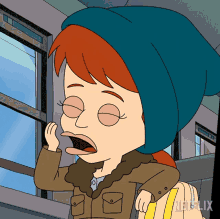 a cartoon of a woman wearing a beanie and a jacket with netflix written on the bottom