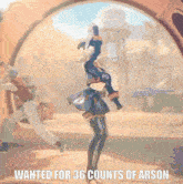 a cartoon of a woman dancing with the words wanted for 36 counts of arson below her