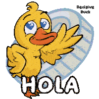 a cartoon of a yellow duck with the word hola on it