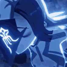 a close up of a person wearing a blue mask