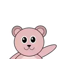 a pink teddy bear with big eyes is waving its arm