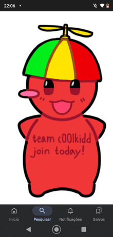 a cartoon character with a hat that says team coolkidd join today on it