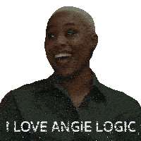a woman in a green shirt is smiling with the words i love angie logic behind her
