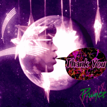 a purple background with a speech bubble that says thank you on it