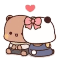 a couple of cartoon bears sitting next to each other with a heart in the background .