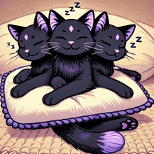 three black cats are sleeping on a pillow with the letters zz on their heads