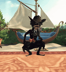 a cartoon character is squatting in front of a boat with sails