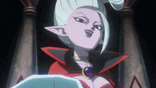 a cartoon character with a purple necklace and a red cape