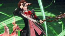 a girl with a bow and arrow is holding a sword in her hand