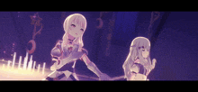 a couple of anime girls standing next to each other in a dark room