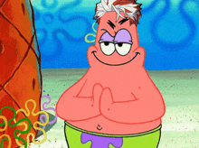 patrick star from spongebob is smiling with his hands folded in front of a pineapple