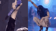 a man is holding a purple microphone and a woman is squatting down .