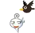 a black bird is flying over a white cartoon character .