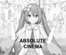 a black and white drawing of a girl with the words " absolute cinema " below her