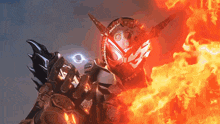 a robot is surrounded by flames with a black hole in the middle