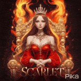 a woman in a red dress with a crown sits on a throne with the words scarlet pika behind her
