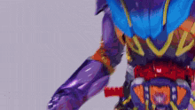 a close up of a purple and orange robot with a red belt on a white background .