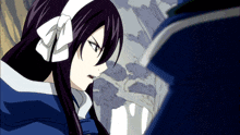 a girl with purple hair and a white bow on her head stands next to a man