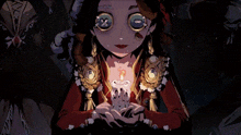 a girl with big blue eyes is holding a candle in her hands