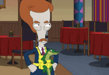 a cartoon character is holding a crocodile in a restaurant