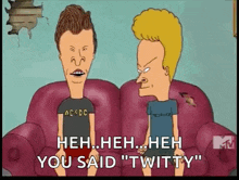 a cartoon of beavis and butthead sitting on a couch talking to each other