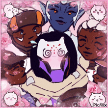 a group of cartoon characters are surrounded by pink flowers and hearts and a picmix watermark