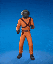 a cartoon character wearing an orange jumpsuit and a gas mask on a blue background