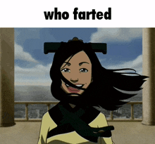 a cartoon girl with her hair blowing in the wind and the words who farted below her