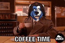 a cartoon of a lion holding a cup of coffee with the words coffee time below it