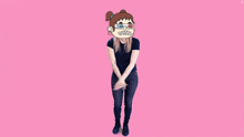a girl with 3d glasses is dancing in front of a thank you sign