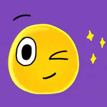 a yellow smiley face on a purple background with black eyebrows