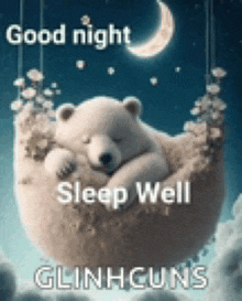 a polar bear is sleeping on a cloud with the words `` good night sleep well '' written on it .