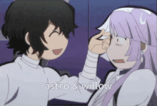 a couple of anime characters are standing next to each other with the words astro & willow below them