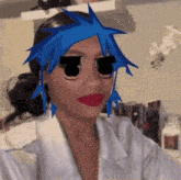 a woman with blue hair and black eyes has a cartoon face on her face
