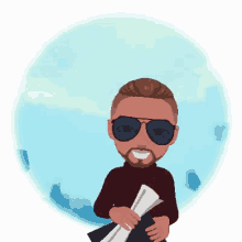 a cartoon of a man wearing sunglasses and a bun holding a graduation cap .