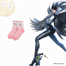 a woman with a gun and a pair of pink socks that say my melody