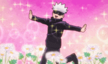 a cartoon character is standing in front of a field of daisies with his arms outstretched .