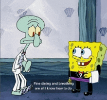 squidward and spongebob from spongebob squarepants are standing next to each other