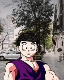 a cartoon character with a purple shirt is standing on a city street