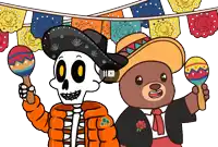 a cartoon of a skeleton and a teddy bear playing maracas