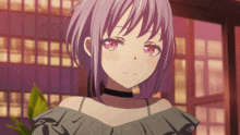 a girl with purple hair and red eyes is wearing a choker around her neck